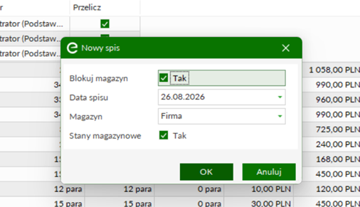 Okno „Nowy spis” — Magazyn, Data spisu, Stany magazynowe, Blokuj magazyn