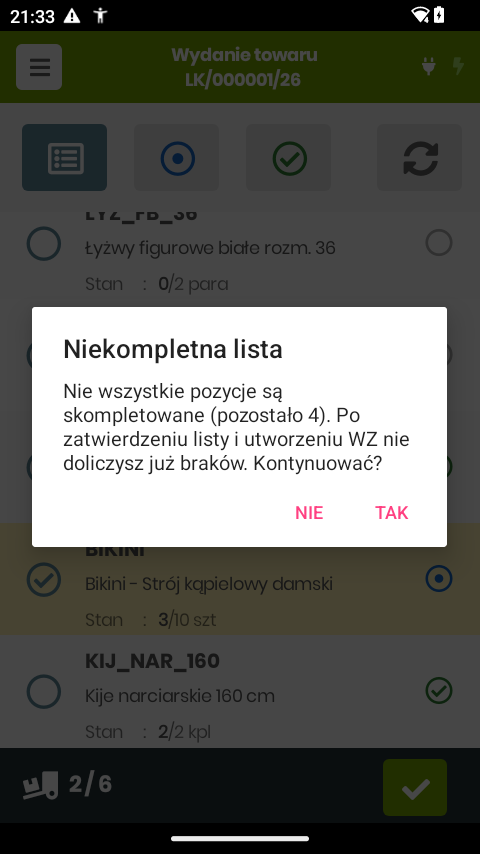 Ostrzeżenie o niekompletnej liście