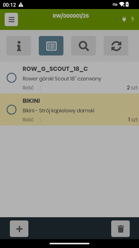 Dokument RW z pozycjami