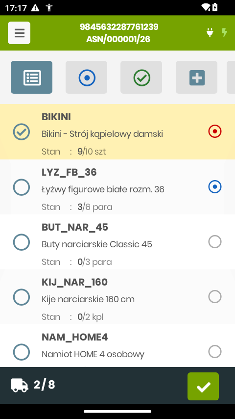 Lista pozycji awizacji dostawy na kolektorze