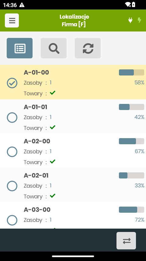 Lista lokalizacji magazynu z zajętością