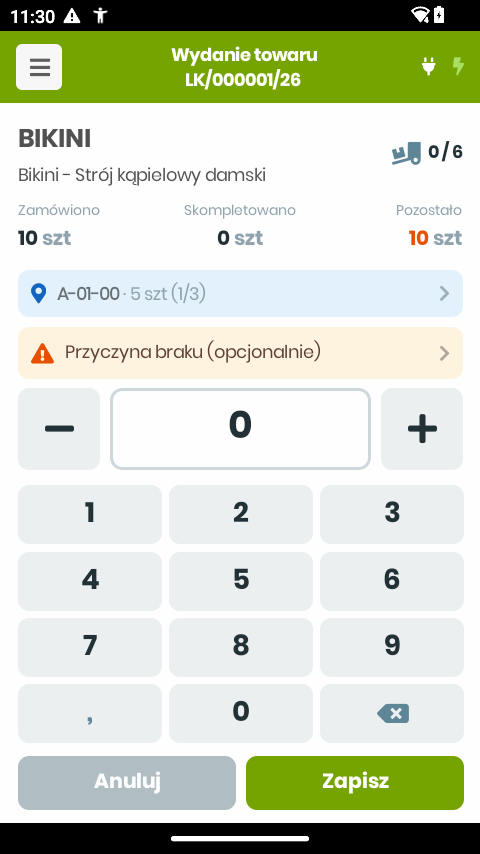 Ekran kompletacji pozycji z numpadem i wskazanym gniazdem