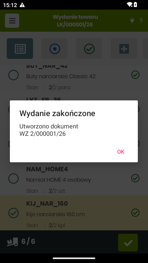 Podsumowanie z numerem utworzonego dokumentu WZ