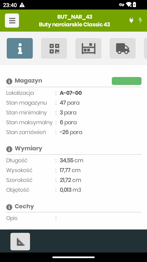 Karta towaru — dane magazynowe i wymiary