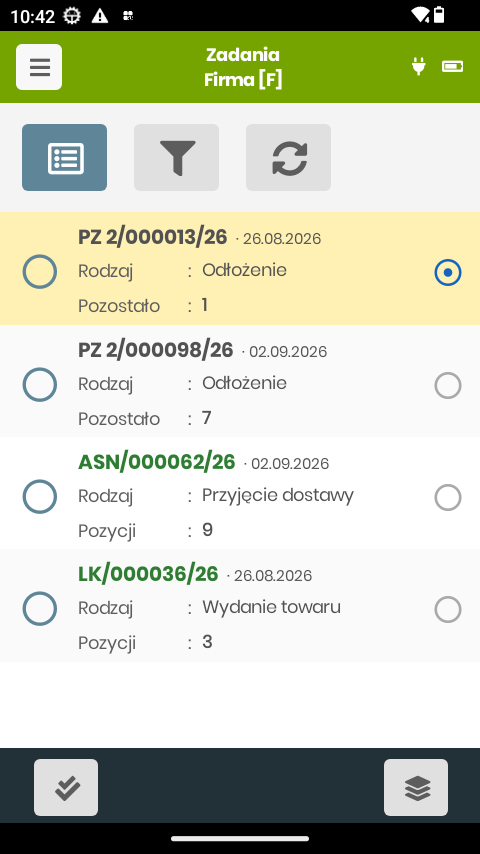 Lista zadań — odłożenia, przyjęcie dostawy i wydanie towaru