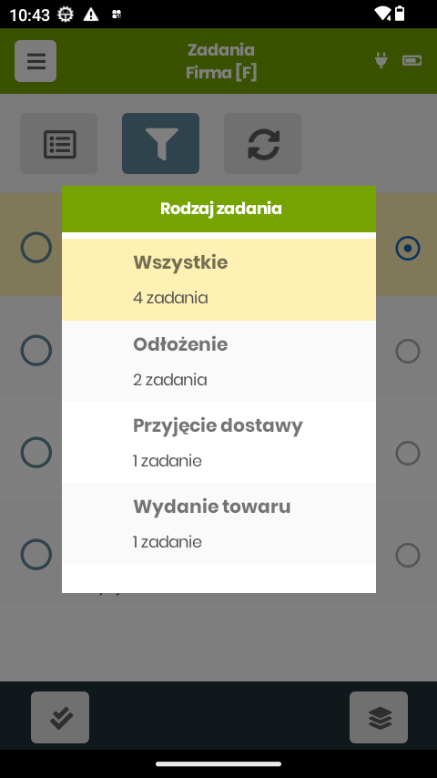 Filtr rodzaju zadania z liczbą zadań przy każdej pozycji